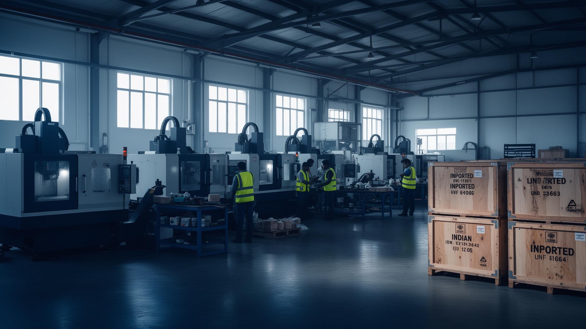 Indian manufacturing facility with imported CNC machines and customs-bonded crates